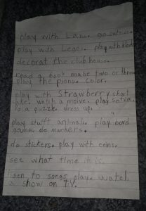 List of activites to combat boredom-written by my child