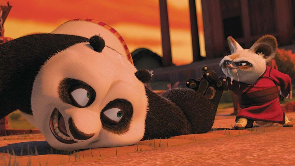 Po the Panda and his master teaching him kung fu