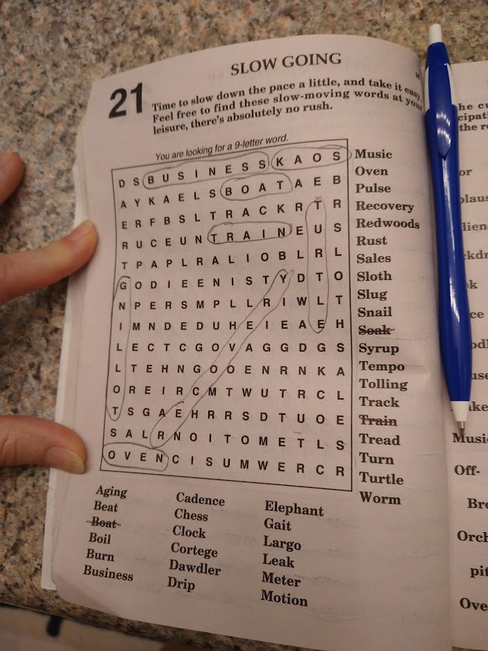 Word search with the theme of slow words and phrases